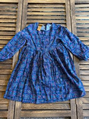 Wrangler Girls XS Navy Pink Purple Geometric Long-Sleeve Dress Puff Sleeve